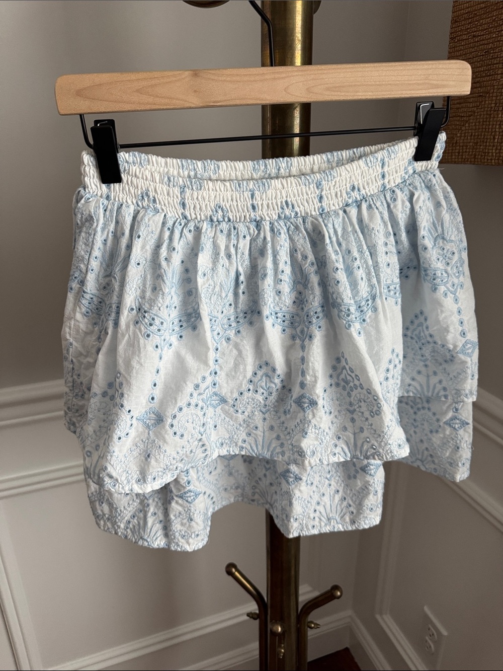 Light Blue Printed Tiered Mini Skirt with Smocked Waist